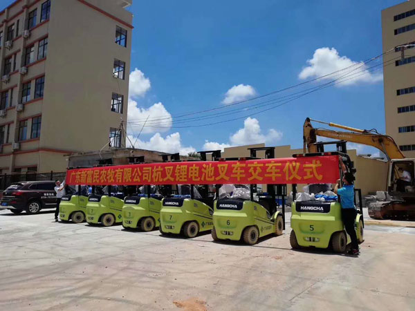 廣東新富民農(nóng)牧有限公司采購杭州叉車案例-電動(dòng)鋰電池叉車